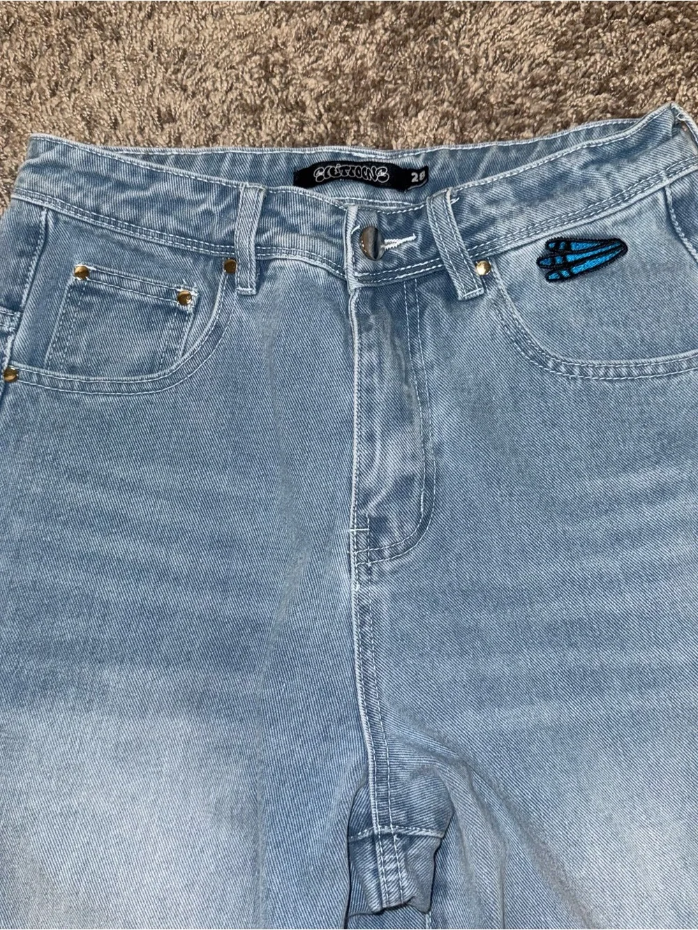 Splittoons Blue Bird Denim Light Wash Embroidered Baggy Jeans Streetwear Size 28